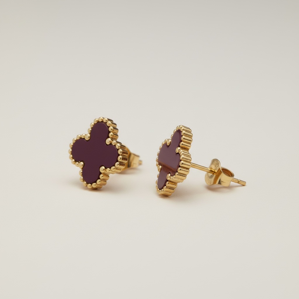 Burgundy Clover Stud Earrings - Image 4